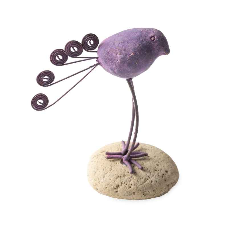 Terracotta Bird on Stone Figurine - Purple